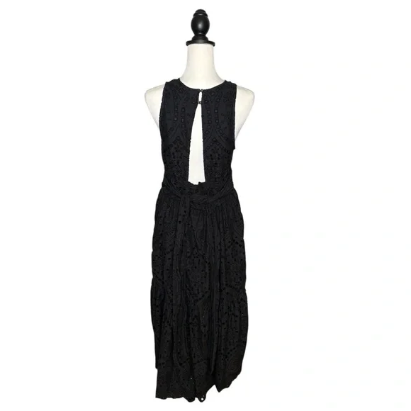 Anthropologie Maeve Eyelet Faux Wrap Midi Dress Size 10 Black Self Tie Belt - Picture 8 of 14